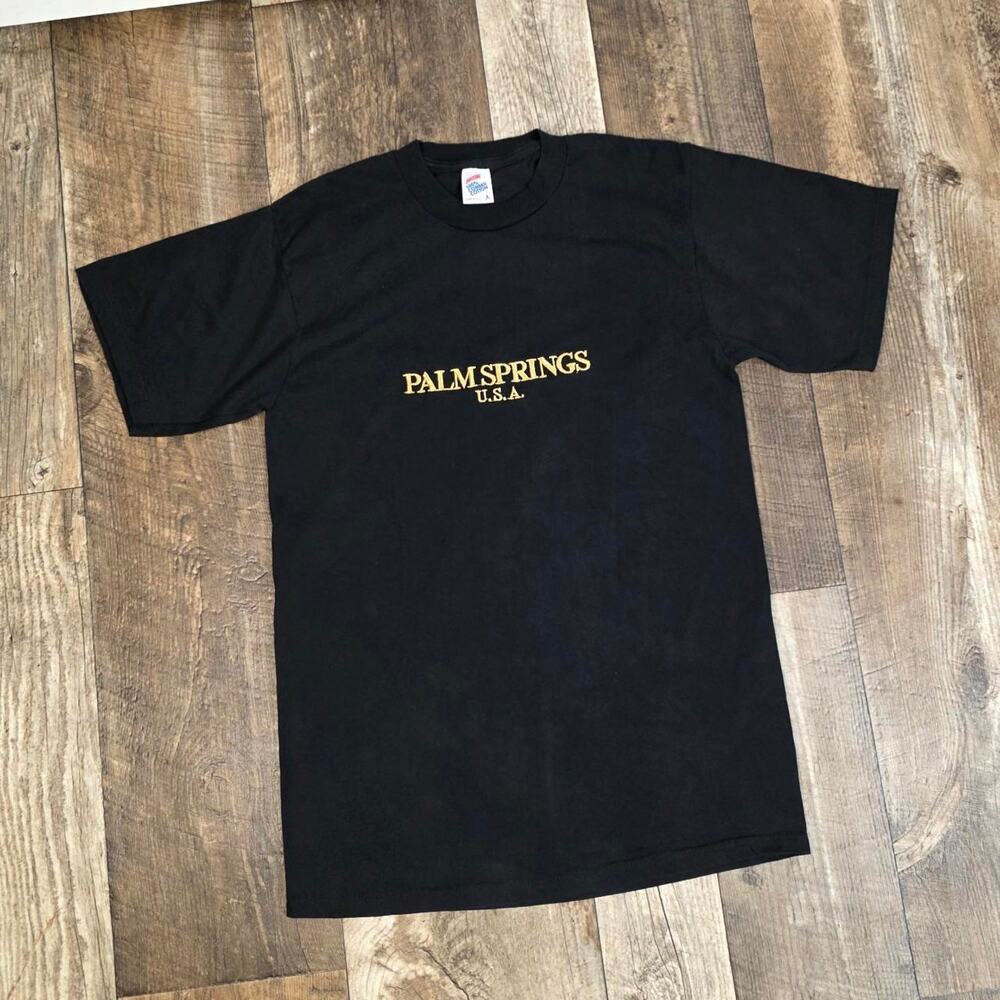 Vintage Palm Springs USA T Shirt Black Made in USA Jerzees Cotton Size Large